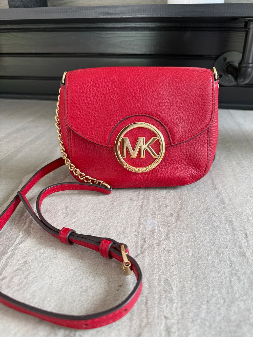 Michael Kors Red Pebbled Leather Crossbody with Gold MK Emblem